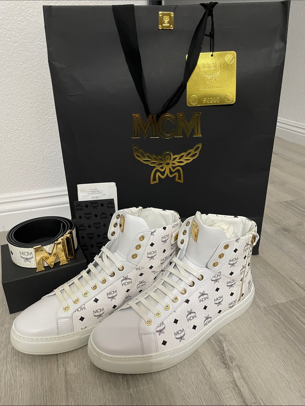 MCM  Men's White Leather High-Top Sneakers with Gold Hardware and Matching Belt
